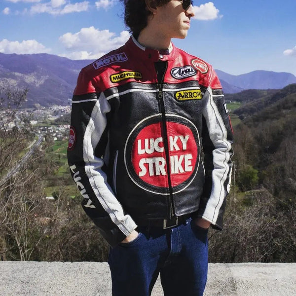 Lucky Strike Leather Jacket - Black & Red - Rare Leather Order Now !!