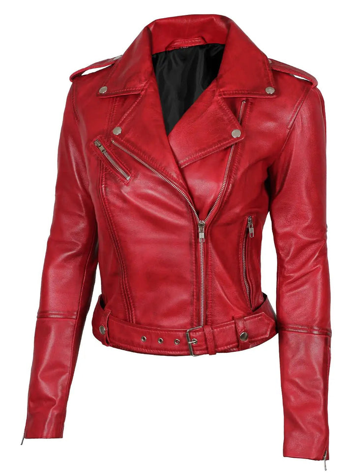 Margaret Women's Red Asymmetrical Motorcycle Leather Jacket - Rare Leather