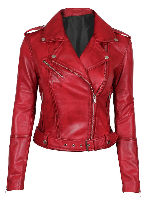 Margaret Women's Red Asymmetrical Motorcycle Leather Jacket - Rare Leather