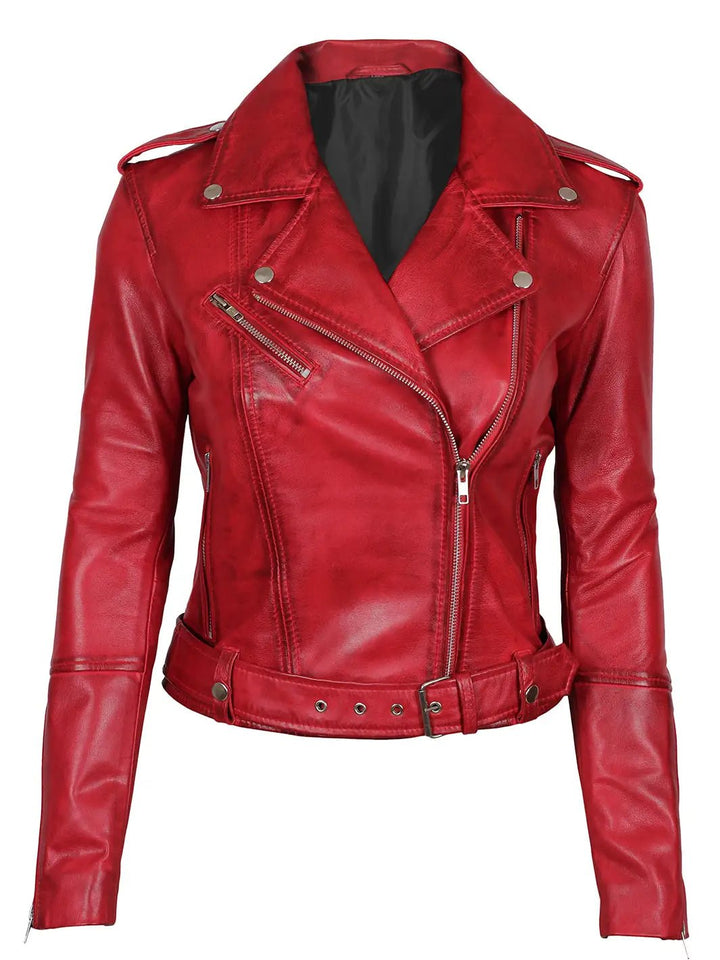Margaret Women's Red Asymmetrical Motorcycle Leather Jacket - Rare Leather