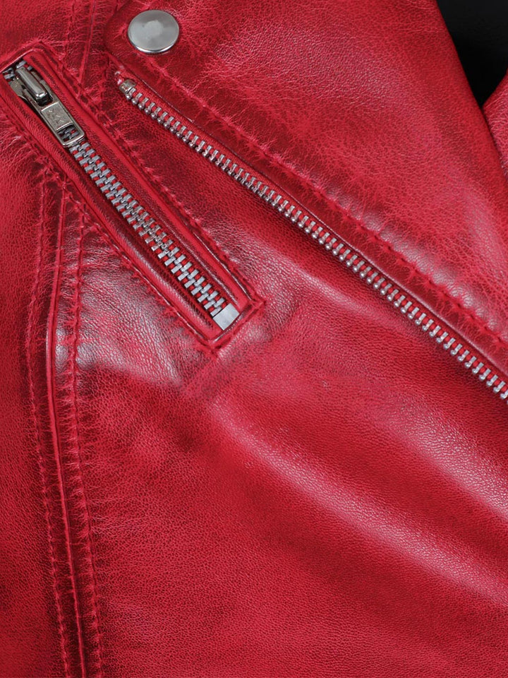 Margaret Women's Red Asymmetrical Motorcycle Leather Jacket - Rare Leather