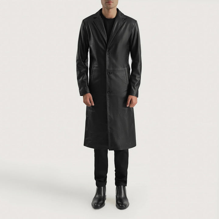 Mateo Black Leather Single Breasted Coat - Rare Leather