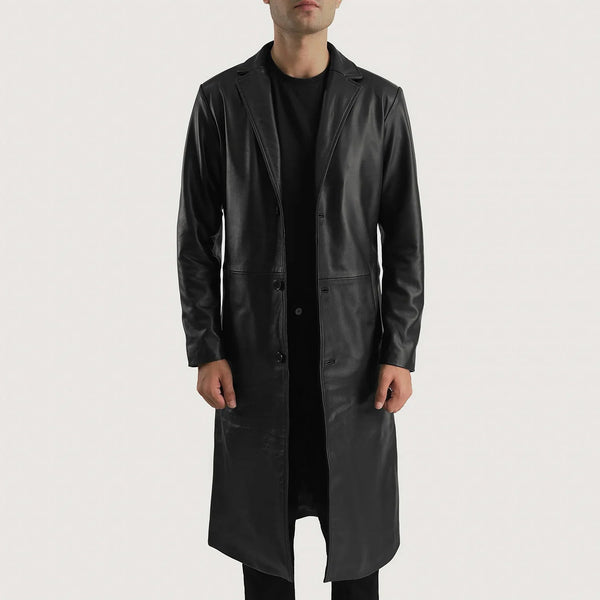 Mateo Black Leather Single Breasted Coat - Rare Leather