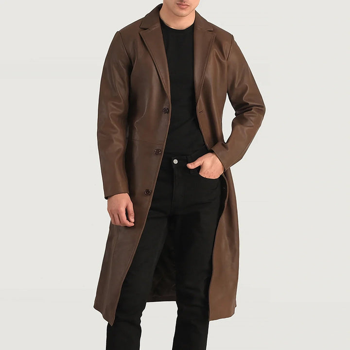 Mateo Brown Leather Single Breasted Coat - Rare Leather