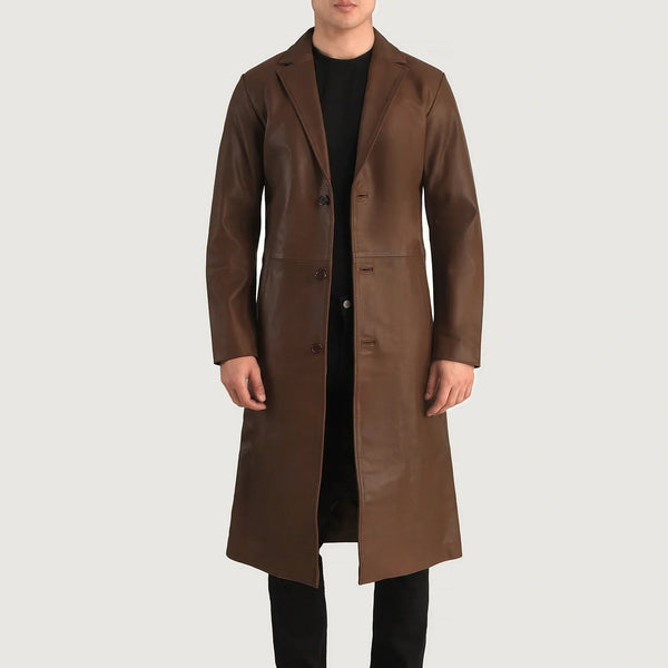 Mateo Brown Leather Single Breasted Coat - Rare Leather