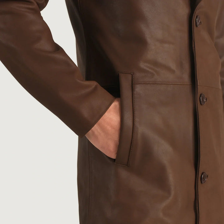 Mateo Brown Leather Single Breasted Coat - Rare Leather