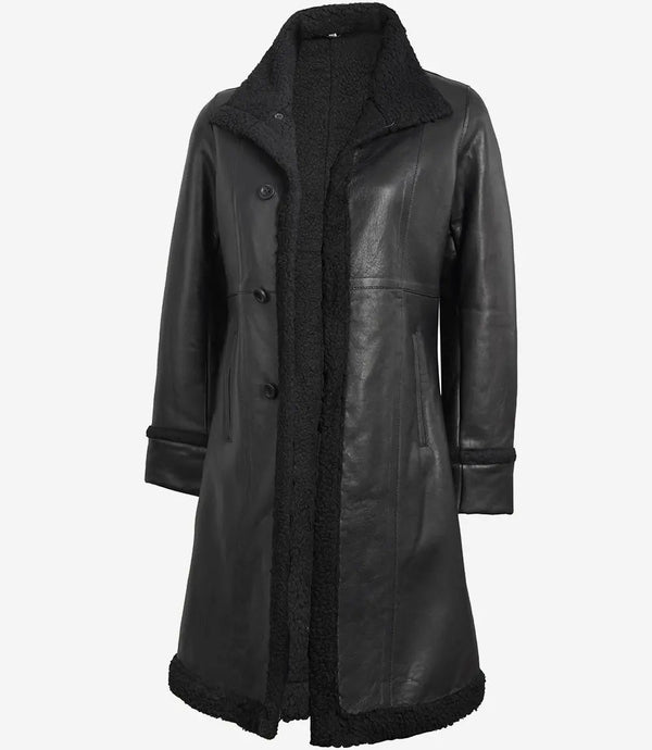 Maura Womens Real Leather Black Shearling Long Coat - Rare Leather