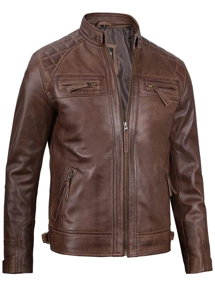 Men Chocolate Brown Cafe Racer Real Leather Jacket - Rare Leather