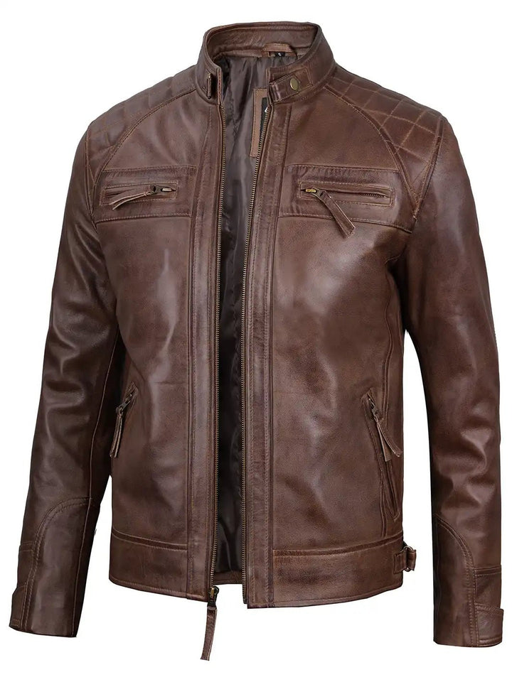 Men Chocolate Brown Cafe Racer Real Leather Jacket - Rare Leather
