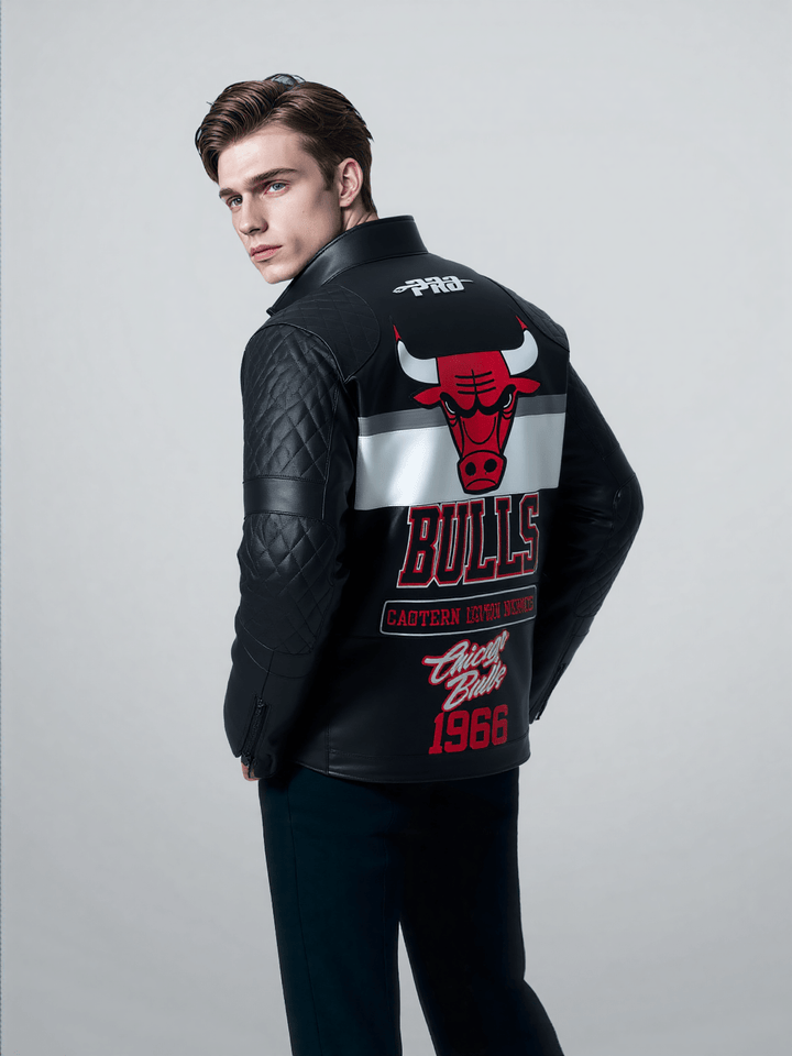 Men NBA Chicago Bulls Moto Jacket - Rare Leather Order Now !!