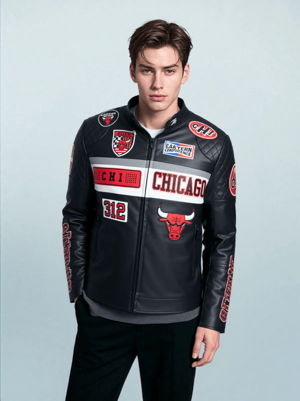Men NBA Chicago Bulls Moto Jacket - Rare Leather Order Now !!