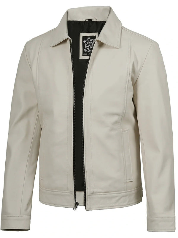 Men Off White Real Leather Harrington Jacket - Rare Leather