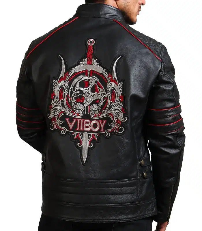 Men Sword Black Cowhide Leather Jacket - Rare Leather