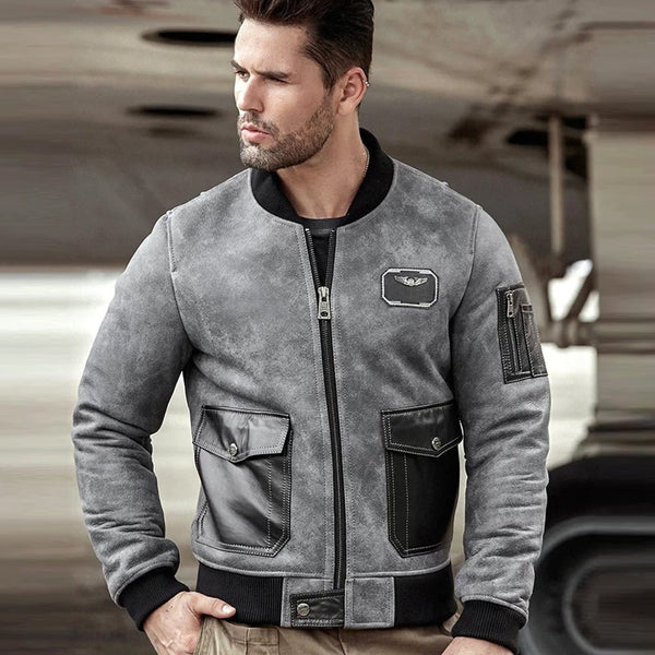 Mens A2 Airforce Sheepskin Shearling Motorcycle Leather Bomber Jacket - Rare Leather