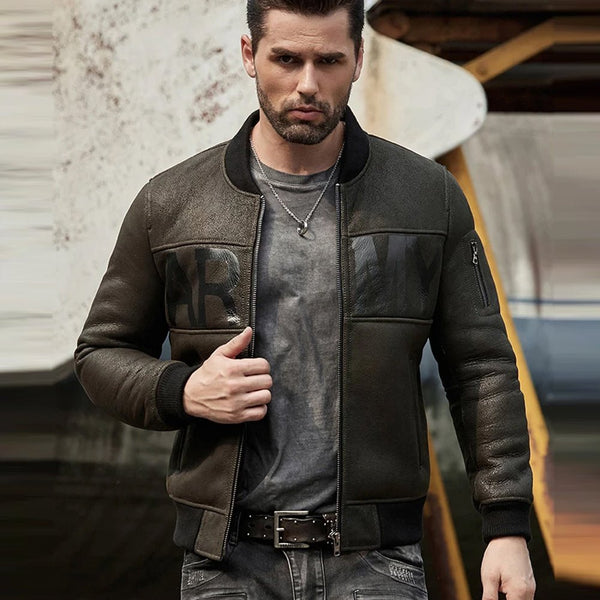 Mens ArmyGreen B3 Flight Sheepskin Motorcycle Leather Jacket - Rare Leather