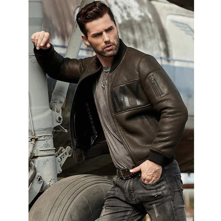 Mens ArmyGreen B3 Flight Sheepskin Motorcycle Leather Jacket - Rare Leather