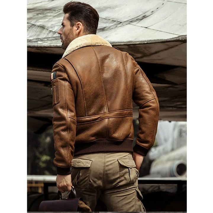 Mens B3 Airforce Brown Embroidered Shearling Leather Bomber Jacket - Rare Leather