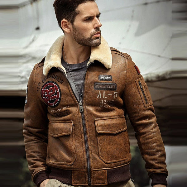Mens B3 Airforce Brown Embroidered Shearling Leather Bomber Jacket - Rare Leather