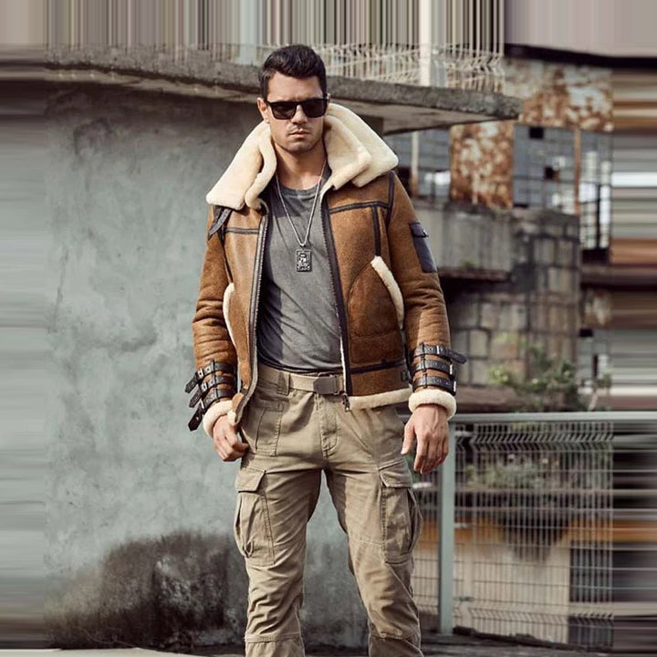 Mens B3 RAF Aviator Brown Double Collar Flight Shearling Leather Jacket Coat - Rare Leather