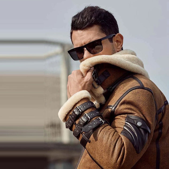 Mens B3 RAF Aviator Brown Double Collar Flight Shearling Leather Jacket Coat - Rare Leather