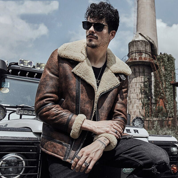 Mens B3 RAF Waxed Brown Flying Aviator Leather Shearling Jacket Coat - Rare Leather