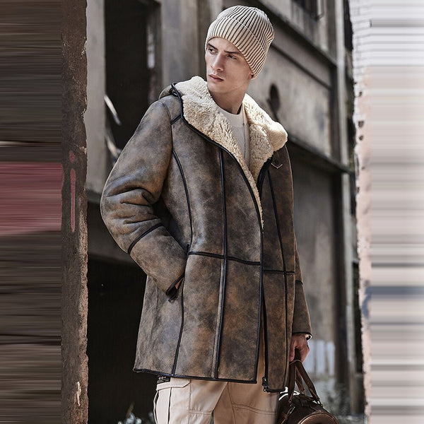 Men's B7 Hooded RAF Aviator Sheepskin Flying Fur Shearling Jacket Coat - Rare Leather