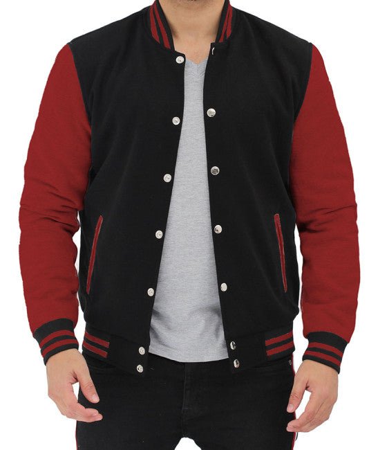 Men's Baseball Style Maroon and Black Varsity Jacket - Rare Leather