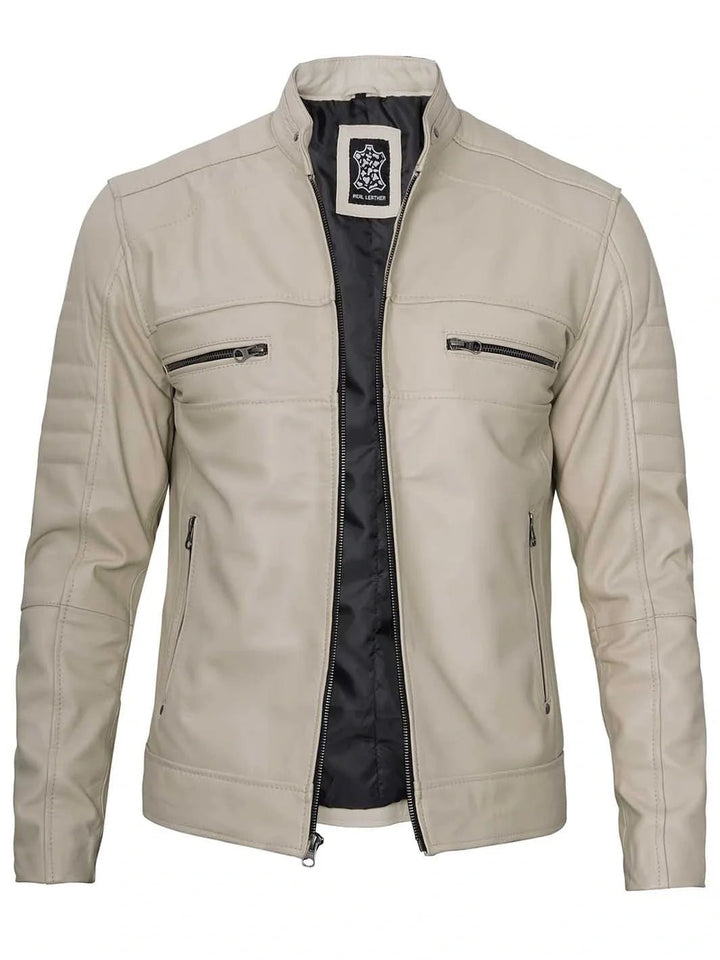 Mens Beige Cafe Racer Style Leather Jacket - Rare Leather