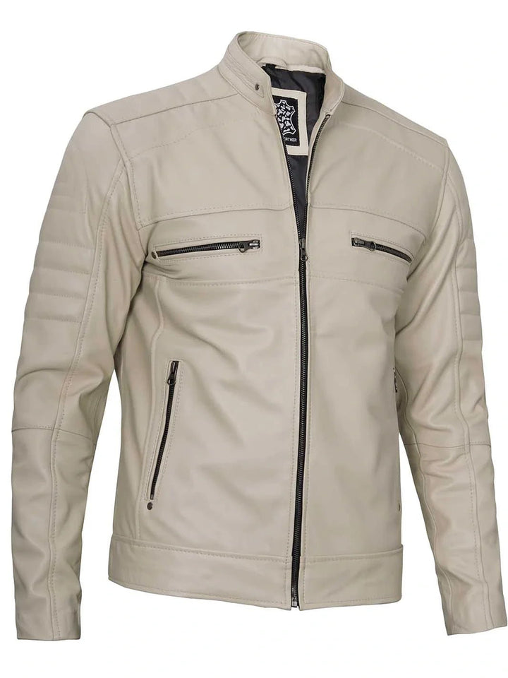 Mens Beige Cafe Racer Style Leather Jacket - Rare Leather