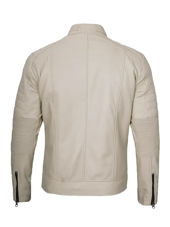 Mens Beige Cafe Racer Style Leather Jacket - Rare Leather