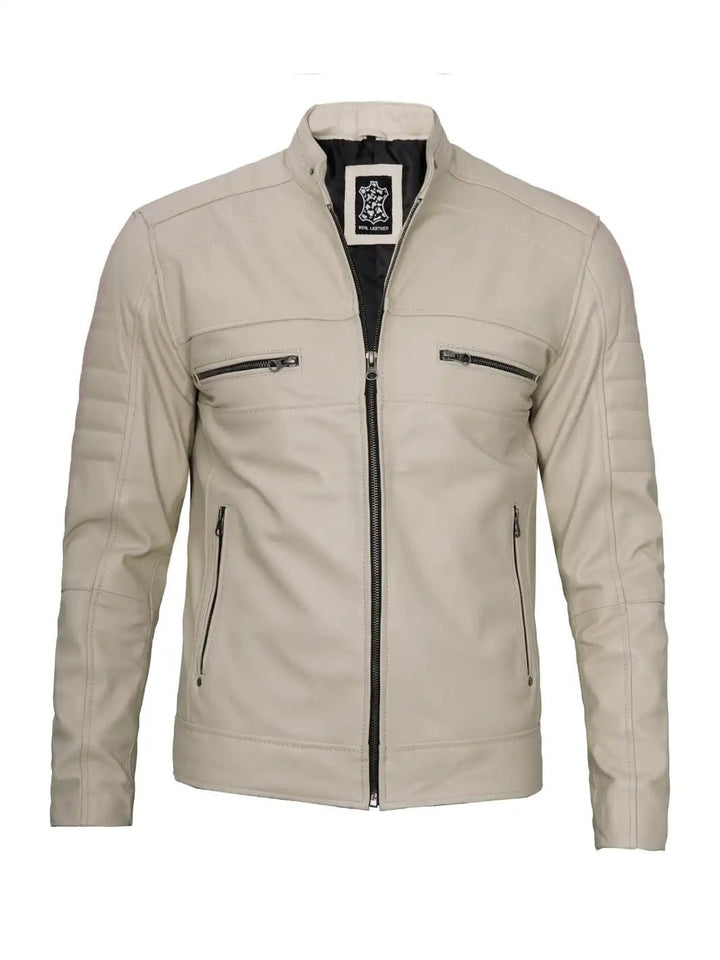 Mens Beige Cafe Racer Style Leather Jacket - Rare Leather