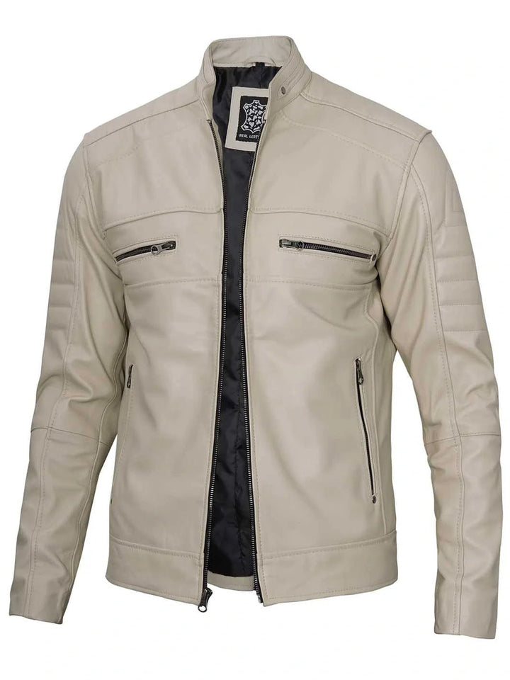 Mens Beige Cafe Racer Style Leather Jacket - Rare Leather