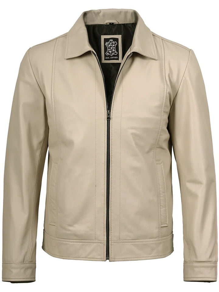 Men's Beige Real Leather Harrington Jacket - Rare Leather