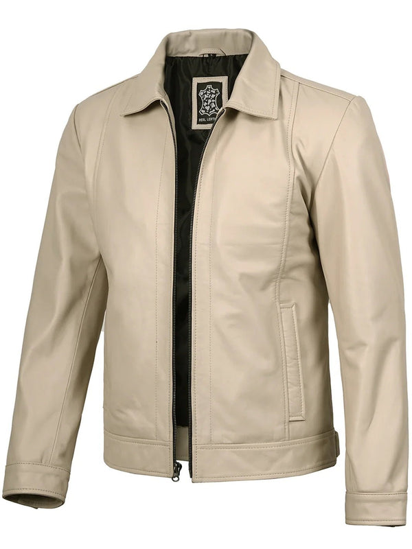 Men's Beige Real Leather Harrington Jacket - Rare Leather