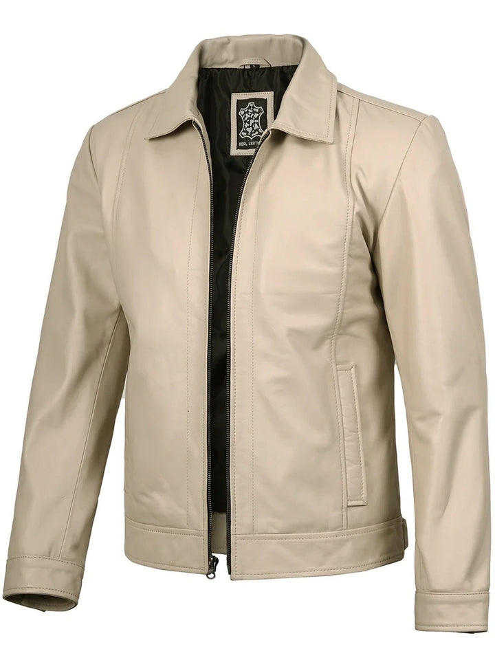 Men's Beige Real Leather Harrington Jacket - Rare Leather