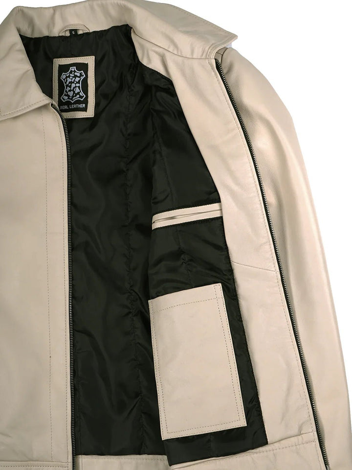 Men's Beige Real Leather Harrington Jacket - Rare Leather