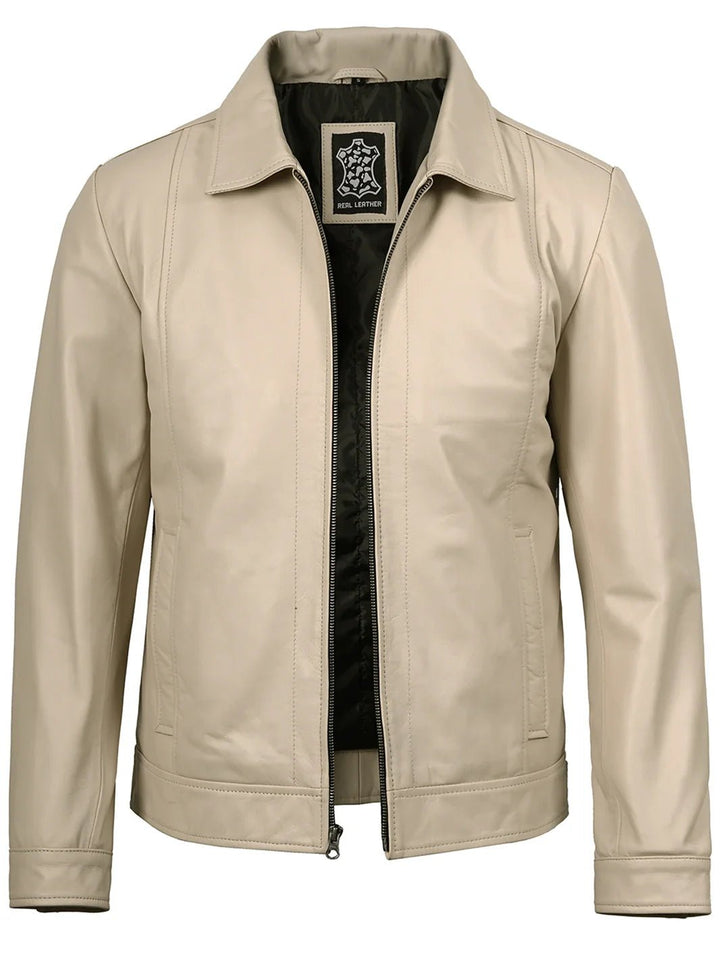 Men's Beige Real Leather Harrington Jacket - Rare Leather