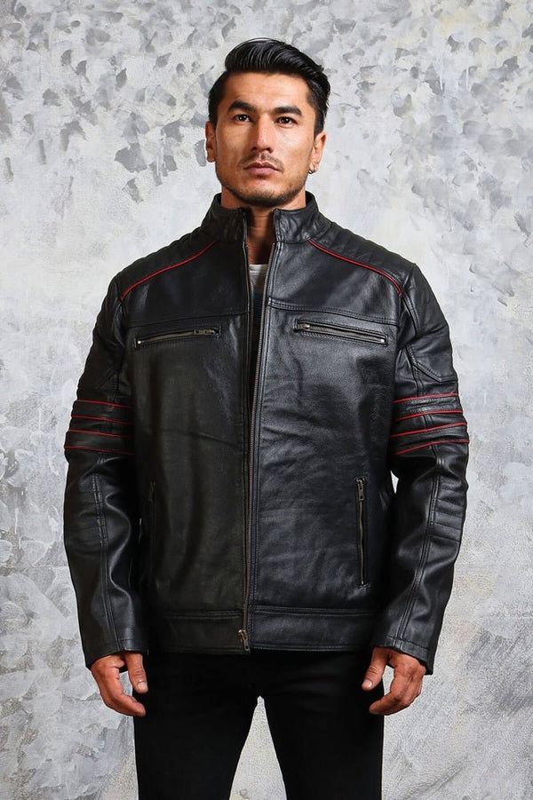 Men's Biker Black and Red Leather Jacket - Rare Leather