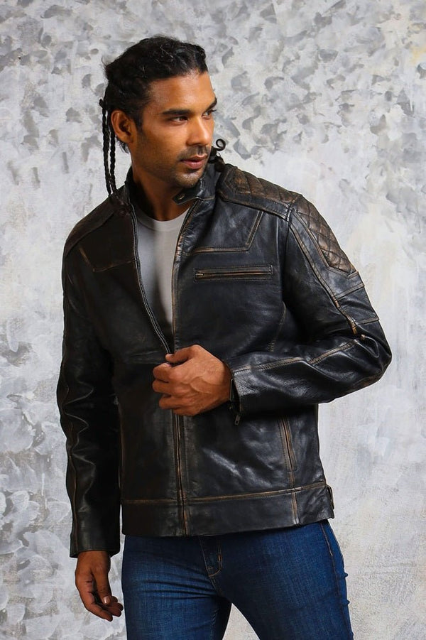 Men's Biker Distressed Leather Jacket - Rare Leather