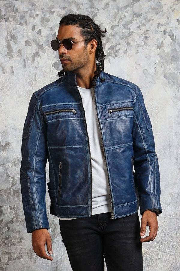 Men's Biker Perforated Blue Leather Jacket - Rare Leather