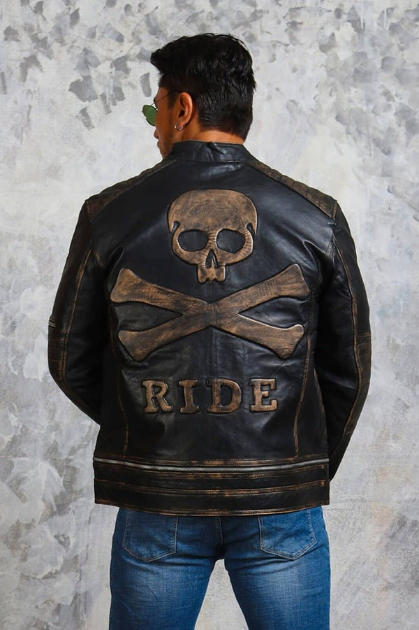 Men's Biker Skull Leather Jacket - Rare Leather