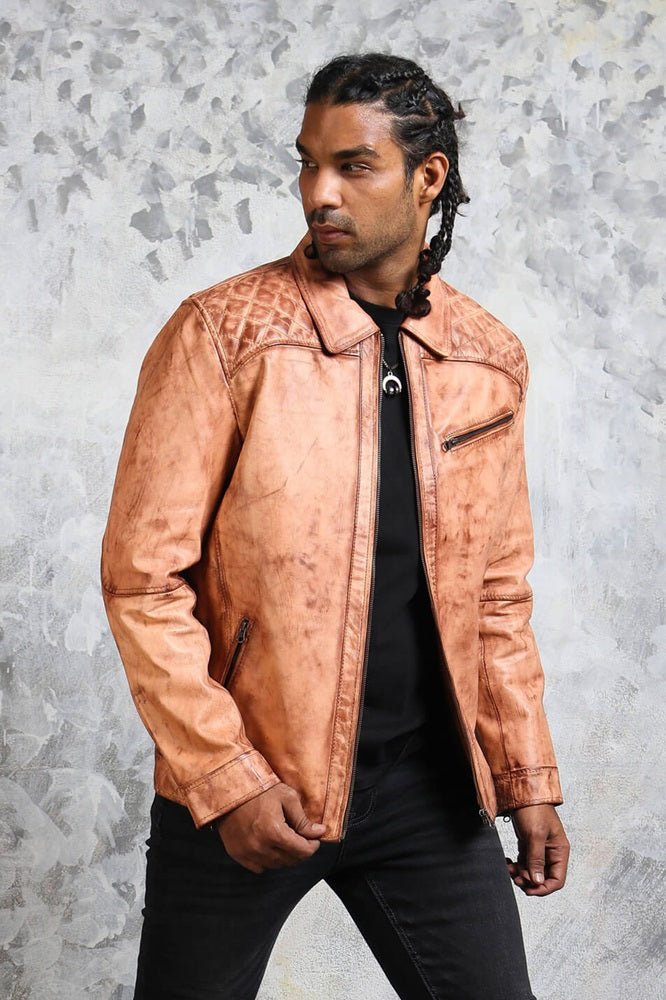 Men's Biker Tan Leather Jacket - Rare Leather