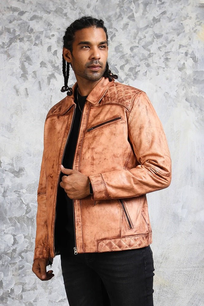 Men's Biker Tan Leather Jacket - Rare Leather