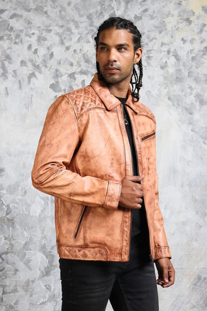 Men's Biker Tan Leather Jacket - Rare Leather