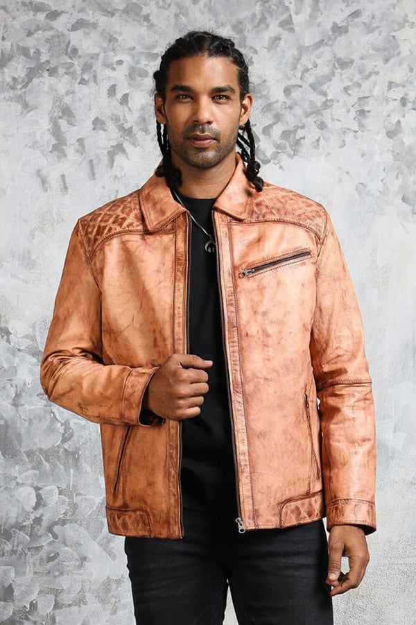 Men's Biker Tan Leather Jacket - Rare Leather