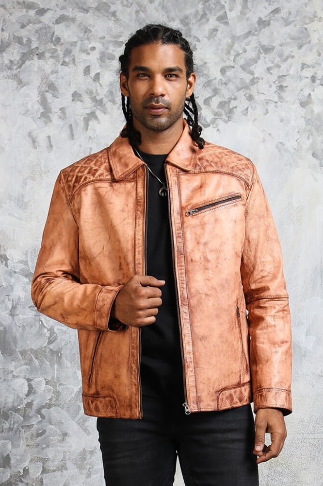 Men's Biker Tan Leather Jacket - Rare Leather