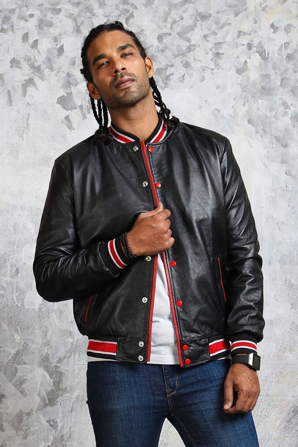 Men's Black and Red Bomber Jacket - Rare Leather