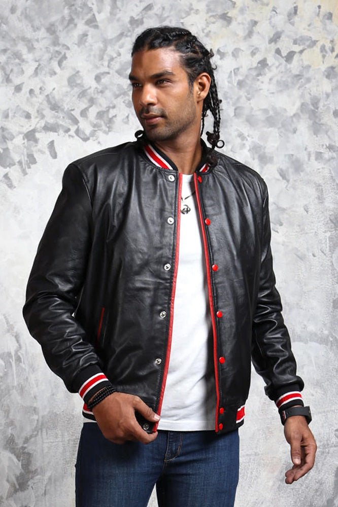 Men's Black and Red Bomber Jacket - Rare Leather