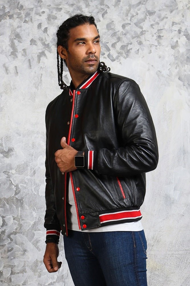 Men's Black and Red Bomber Jacket - Rare Leather