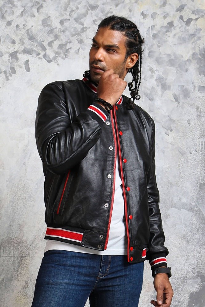 Men's Black and Red Bomber Jacket - Rare Leather